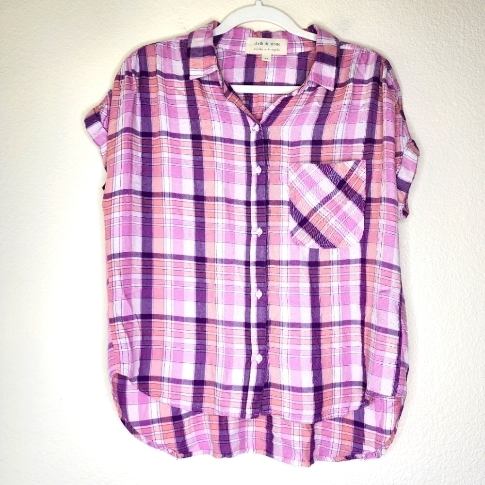 Anthropologie Cloth and Stone Plaid Short Sleeve Button Down Shirt M